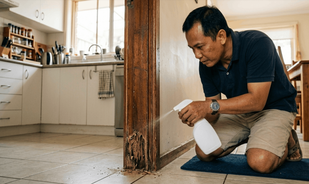 aplikasi obat rayap pada kusen pintu oleh non profesional